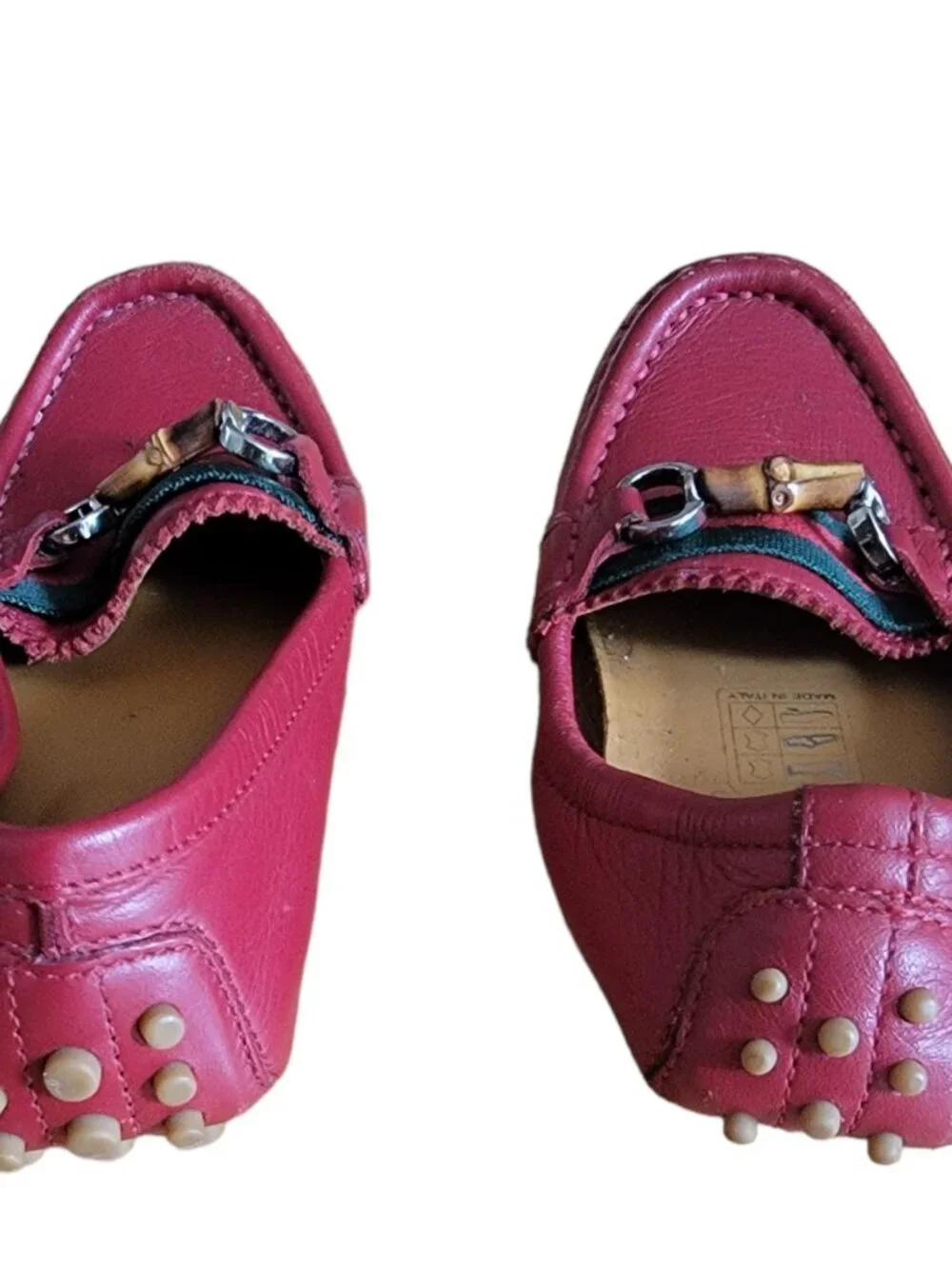 Gucci Kids Boys Bamboo Web Scarlet Red Leather Driving Moccasins EU L 25 R 26
